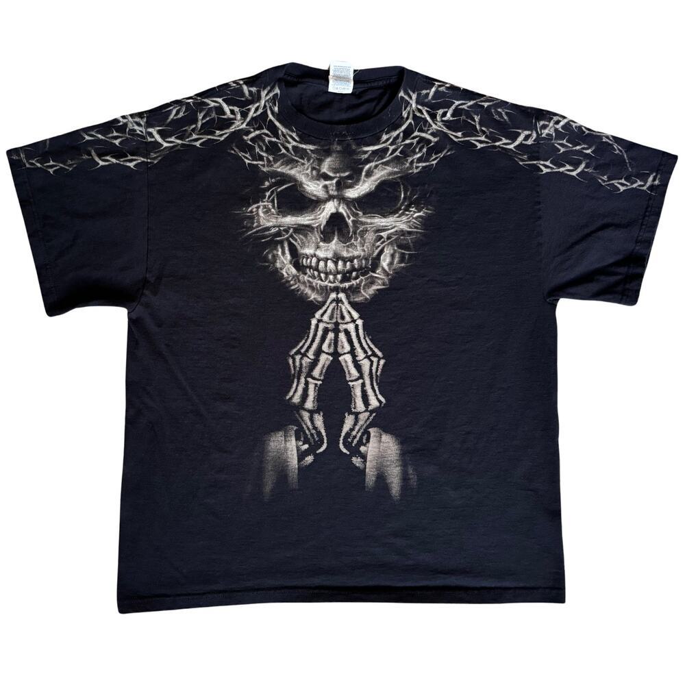 Delta Pro Weight Men's Praying Skull Shirt Skeleton Hands Retro Goth XL, Black